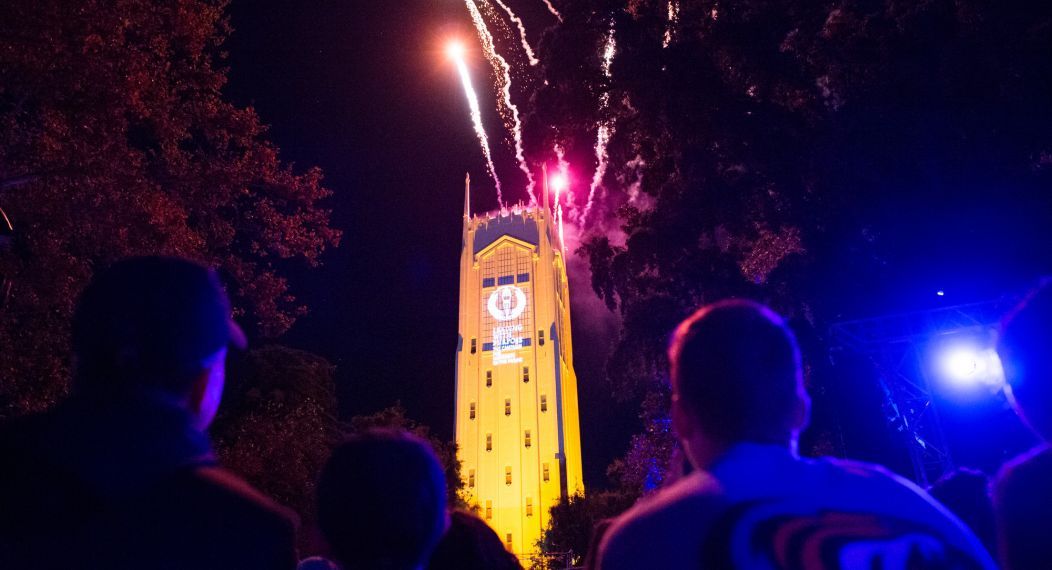 Burns Tower with fireworks